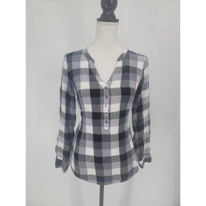 ModCloth Buffalo Plaid Black White Half Button Down Shirt With Tie Size Small